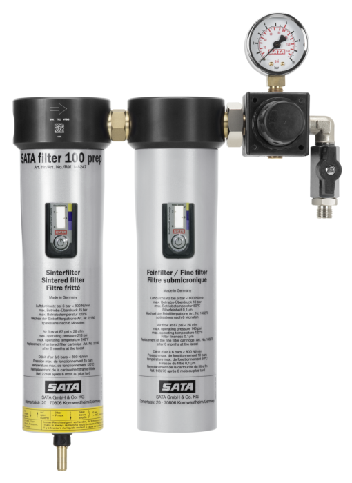 SATA filter 100 prep 2-stufiger Sinterfilter/Feinfilter, Druckregler, Abgangshahn (1/4 Außengewinde)